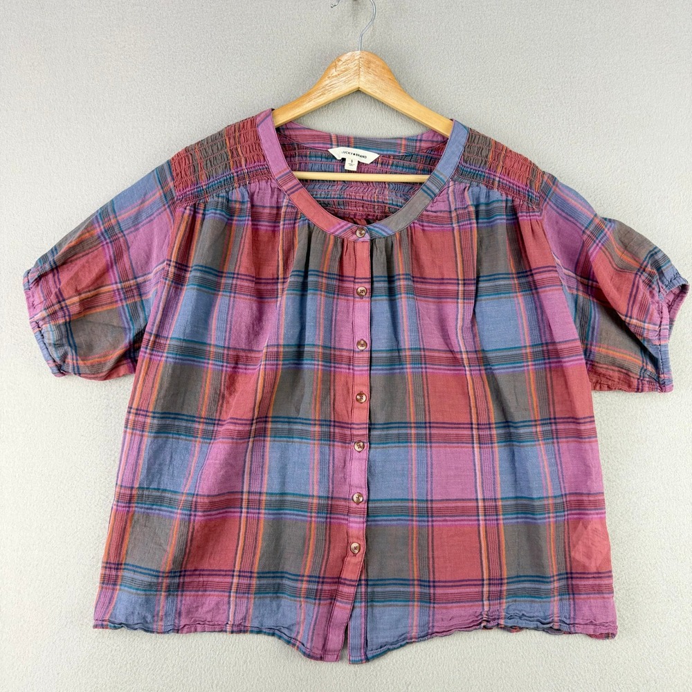 Lucky Brand Plaid Button Down Shirt Women S Pink Blue Boho Cottage Short Sleeve